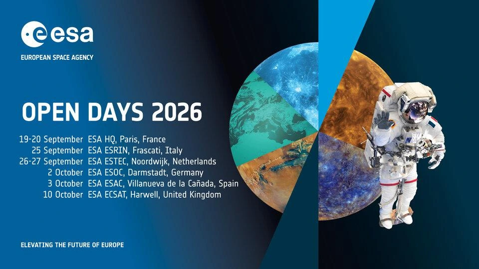 The poster for the open days at the ESA shows the dates in different cities:
19-20 September – ESA Headquarters, Paris, France  
25 September – ESA ESRIN, Frascati, Italy  
26-27 September – ESA ESTEC, Noordwijk, Netherlands  
2 October – ESA ESOC, Darmstadt, Germany  
3 October – ESA ESAC, Villanueva de la Cañada, Spain  
10 October – ESA ECSAT, Harwell Campus, United Kingdom 
